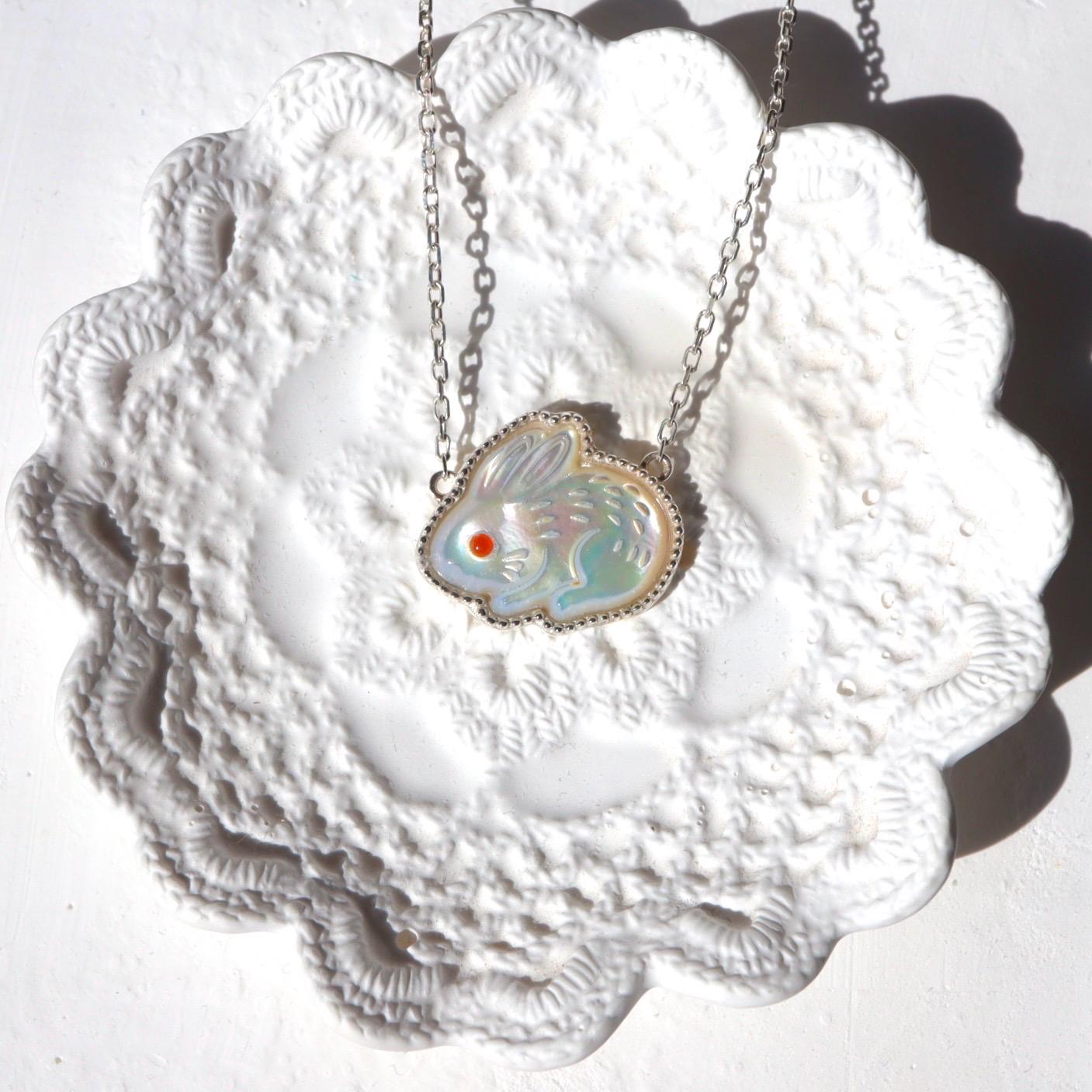 Bunny Charm Necklace Black Mother of Pearl Necklace Sterling