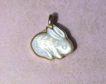 Solid Gold Rabbit Necklace Mother of Pearl Pendant Charm Solid 14K Gold Rabbit Charm Pendant Bunny Charm Pendant. Chain NOT included