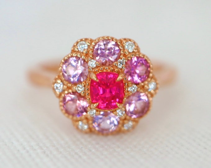 Pink Spinal Rings Neon Pink Spinel Ring. Halo Ring With Pink Spinels and Diamonds. Jedi ...