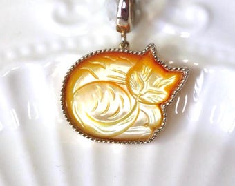 Carved Gold Cat Mother of Pearl Pendant Unique Gift for Cat Lovers Handmade Jewelry for Friends & Family Symbol of Grace and Protection