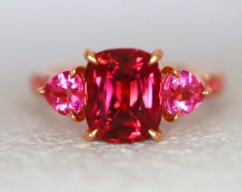 Sweet Pink Rubellite Tourmaline Three Stone Ring Pink Engagement Ring Trinity Ring Trio Pink and red heart wedding. 14K Rose Gold US 6.75.