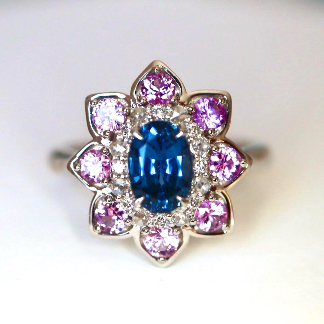 Real Blue Spinel Rings Cobalt Blue Spinel Ring With Pink Spinel Halo Ring With Diamond ...