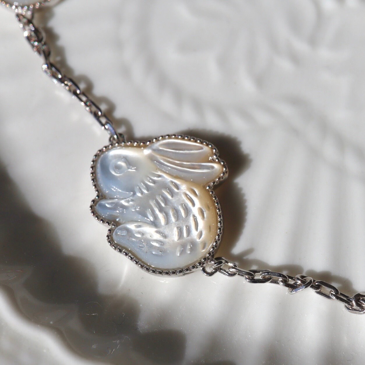 Bunny Necklace Mother of Pearl Necklace Sterling Silver