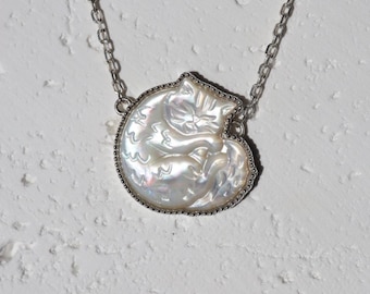 Carved Cat Charm Mother of Pearl Pendant Unique Gift Kitty Charm Necklace Cat Jewelry for Cat Mom Gift for her Minimal Artistic Cat Necklace