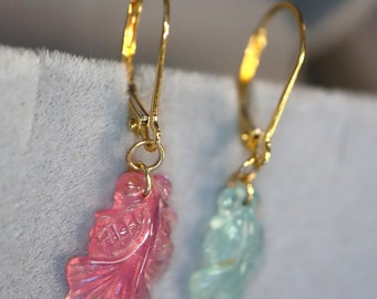 Dainty Pink and Blue Tourmaline Goldfish Carving Drop Earrings in 18Kt Yellow Gold Drop Earrings Level Back Tourmaline Earrings.