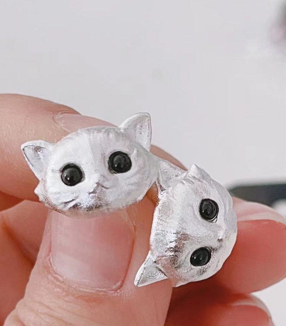 Cute Cat Face Earrings in Sterling Silver Custom Earrings Kitty
