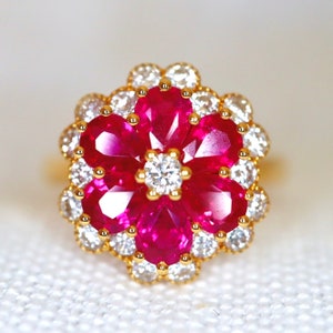 Made to Order. Ruby and Diamond Flower Ring. Victorian Ruby Floral Ring ...