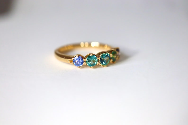 Teal Sapphire Eternity Band in 14Kt Yellow Gold Sapphire Minimal Green Sapphire with precision cut sapphires 1.2ct. Size 7. image 10