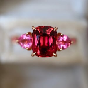 Red Pink Tourmaline Three Stone RingPink Engagement Ring pink Ring Lovecore Pink and red heart wedding. RTS US 6.75 14K Rose Gold