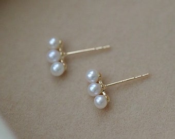 minimal bar earring Mini Pearl Huggie Earrings With In 14k Yellow Gold  Yellow Gold Pearl gift for her  Made to Order