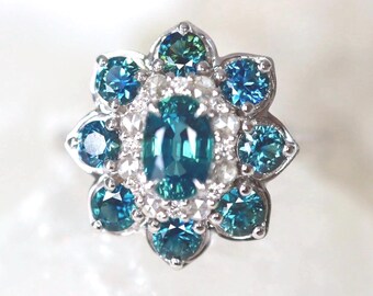 Teal Blue Sapphire 14K white gold diamonds halo ring Blue sapphire engagement Ring rose-cut diamond Teal Blue Sapphire Engagement