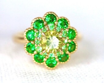 Neon Yellow Mali Garnet Halo Ring With Green Tsavorite Garnet January Birthstone Gift Garnet Ring. 14K Yellow Gold US6.5 RTS Made to Order