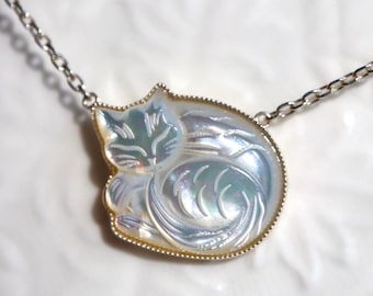 Carved Cat Charm Mother of Pearl Pendant Unique Gift Kitty Charm Necklace Cat Jewelry for Cat Mom Gift for her Minimal Artistic Cat Necklace