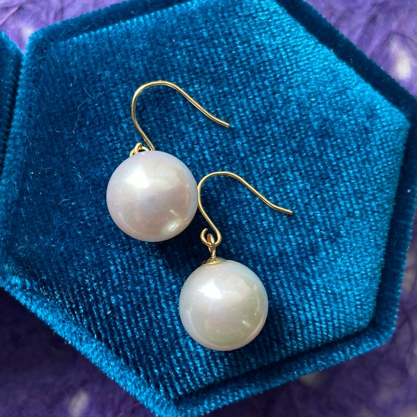 Fresh Water White Pearls/Pearl Dangle Earrings/12mm Pearl Earrings/18K Gold/RTS