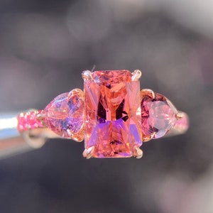 Orange Pink Tourmaline Three Stone Ring 14K in Rose Gold.Made to Order.