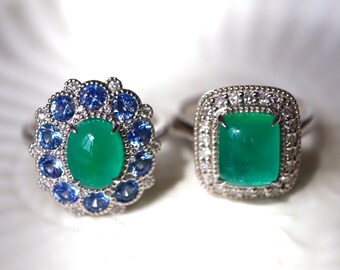 Emerald Cabochon Sugarloaf Ring single cut diamond Halo Ring Vivid Green Natural Emerald Gemstone Diamond Solid 14K. 14K white gold US7.
