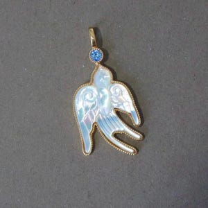 14k Gold Swallow Necklace Mother of Pearl Pendant Charm Solid yellow Bird Charm Pendant Swallow Charm Pendant Jewelry with Blue Sapphire