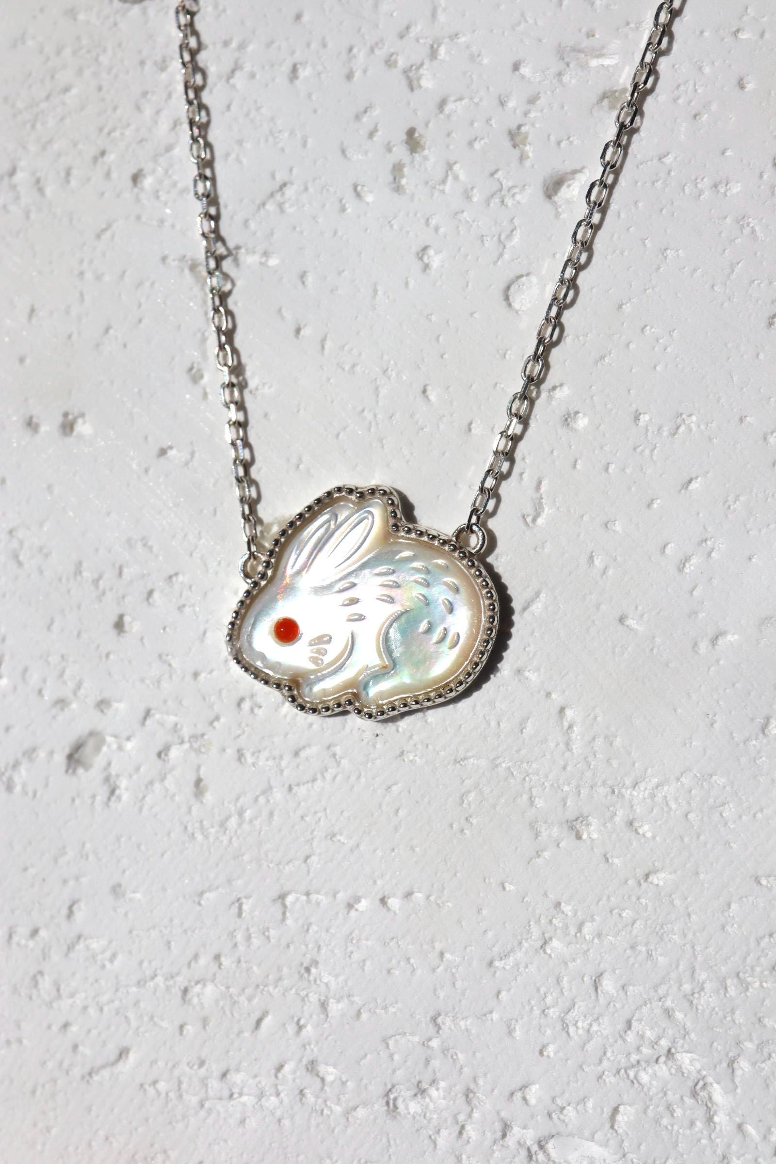 Bunny Charm Necklace Black Mother of Pearl Necklace Sterling