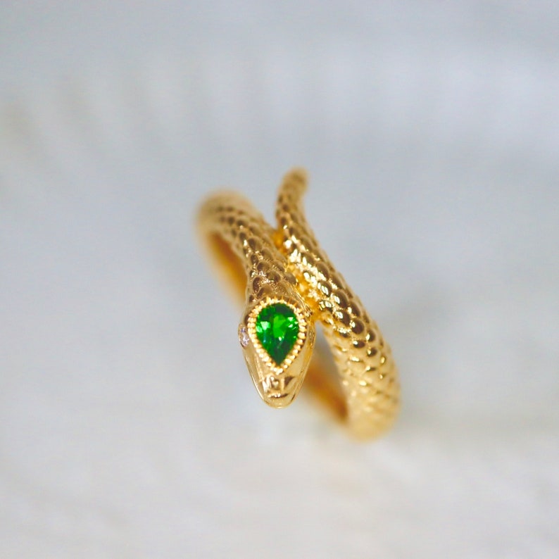 14K gold serpent ring jewelry Vintage-inspired 14K gold snake ring Custom 14K snake ring gold serpent ring with gemstone eyes. Made to Order image 5