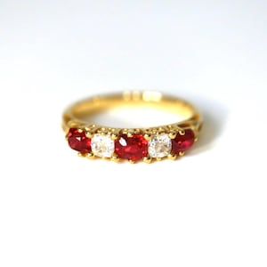 Red Spinel Old Mine Cut Moissanite Ring Edwardian Style Stacking Antique Band Natural Red Spinel Band. 14K Yellow Gold Size 5.5. RTS
