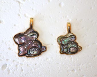 Solid 14K Yellow Gold Rabbit Necklace Carved Black Mother of Pearl Pendant Charm Teal Sapphire Gold Rabbit Charm Pendant Bunny Gift. Size L