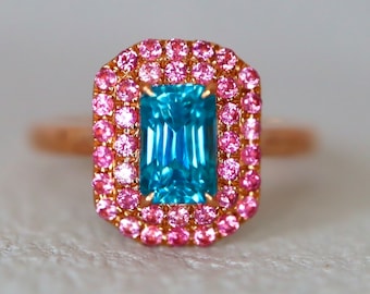 Neon Blue Natural Zircon Ring pink spinel halo ring Emerald Cut Natural Zircon Ring blue and pink gift for her. 14K Rose Gold Size 7 RTS
