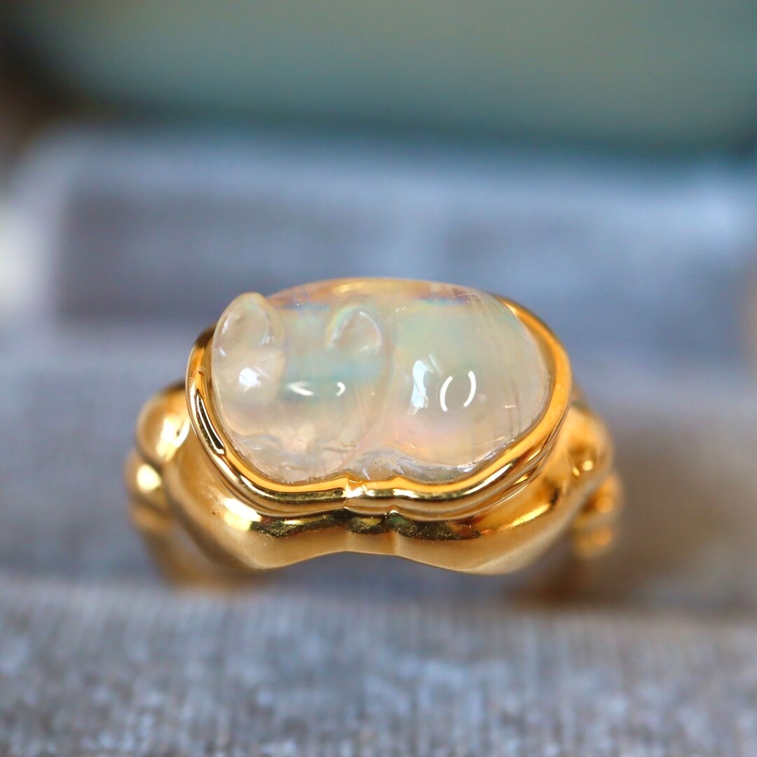 Cat and Moon Cute Animal Opening Ring Moonstone Adjustable Ring