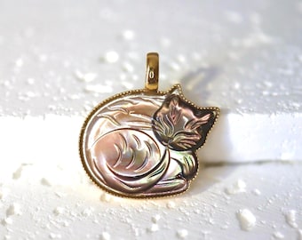Cat lady gift Mother of Pearl Cat Pendant Carved Black Siamese cat pendant charm pendant Solid 14K Gold Adorable Handcrafted