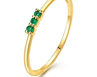 Minimal Dainty Three Stone eternity ring with  emerald tsavorite sapphire ruby minimal band ring in 14K Gold.  Made to Order