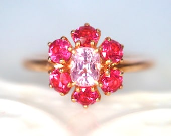 Anello Mini Halo Neon Pink Spinel Halo con Spinello Rosa Anello di Fidanzamento Rosa Naturale Delicato anello con pietra preziosa rosa Halo. Oro Rosa 14K US 7,25