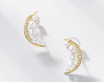 Pearl Diamond Crescent Earrings Solid Yellow Gold Pearl gift for her minimal Pearl jewelry. Made to Order