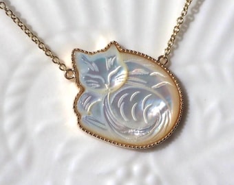 14K Gold Mother of Pearl Cat Carved White Cat pendant charm Necklace 14K Yellow Adorable Handcrafted Carved Cat Gift for Cat Lover