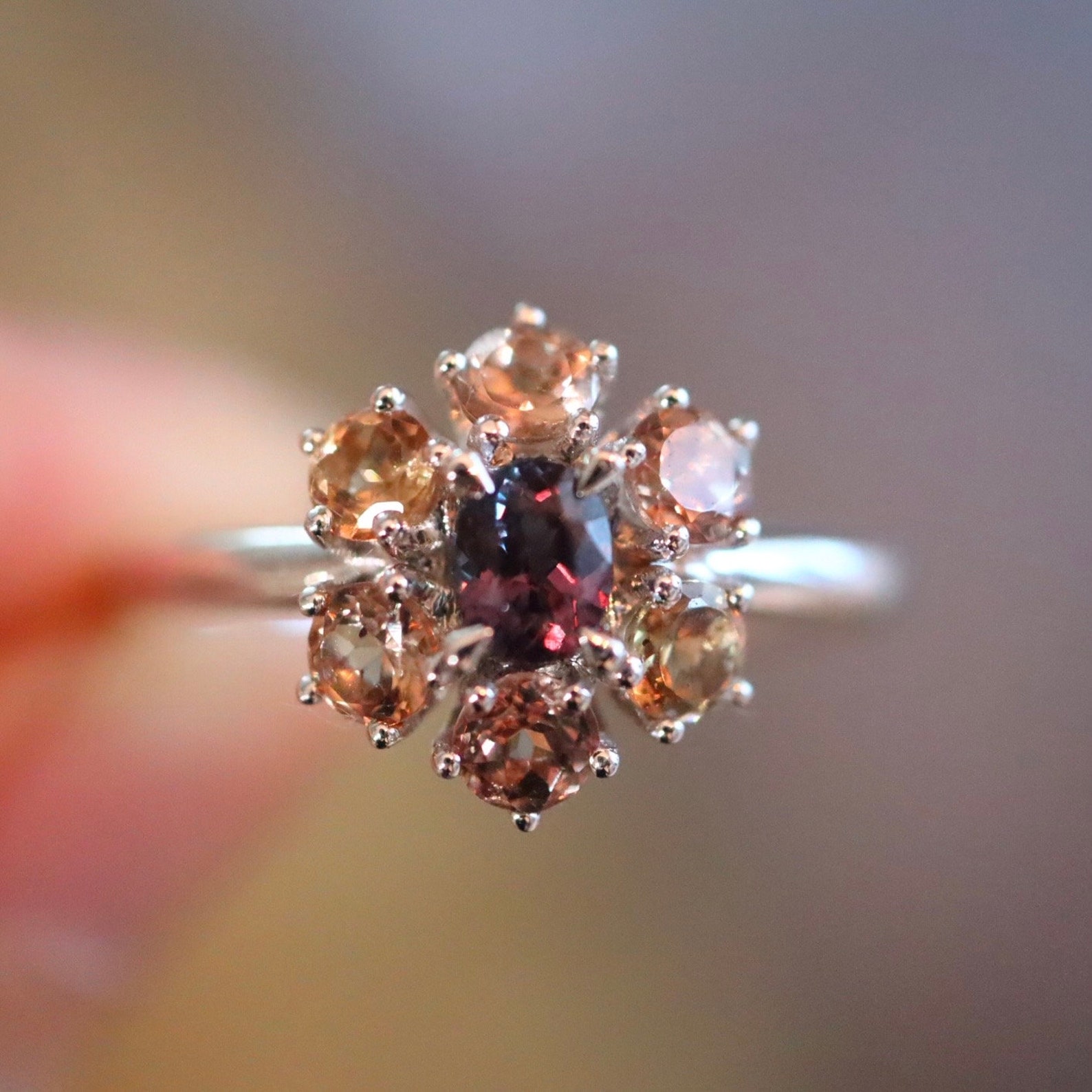 Color Change Garnet Halo Floral Ring Color Change From Green to Purple ...