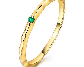 Minimal Emerald Band Solid Yellow Gold Emerald gift for her minimal textured gold band Emerald jewelry Dainty Emerald Band. Made to Order