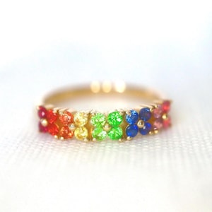 Rainbow Sapphire Band Floral style band solid gold for Wedding Dainty band Anniversary Gift for her Rainbow Jewelry for Engagement Gift. RTS