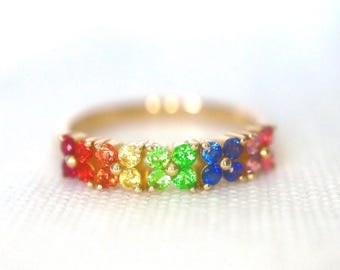 Rainbow Sapphire Band Floral style band solid gold for Wedding Dainty band Anniversary Gift for her Rainbow Jewelry for Engagement Gift. RTS