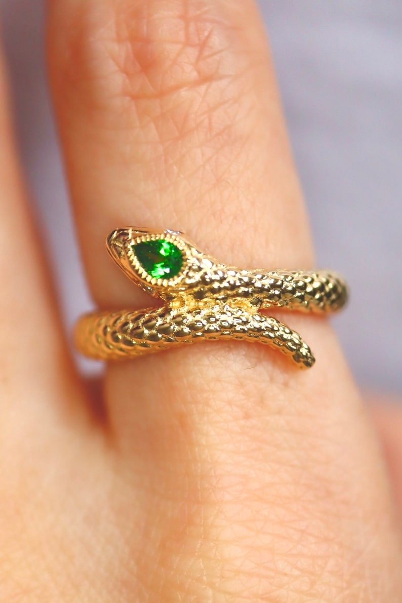 14K gold serpent ring jewelry Vintage-inspired 14K gold snake ring Custom 14K snake ring gold serpent ring with gemstone eyes. Made to Order image 9