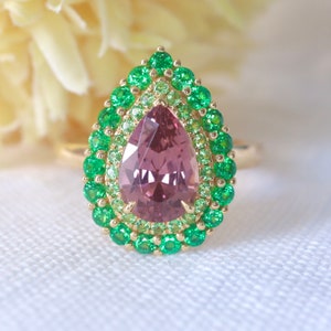 Purple Malaya Garnet Halo Ring with Tsavorite Garnets Pear cut garnet color change Garnet Halo Ring January Gift for her Made to Order.