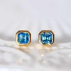 Genuine Teal Blue Sapphire Earrings Teal Blue Sapphire Studs September Birthstone Earrings Natural Sapphire Stud Bezel Studs 14K Yellow Gold