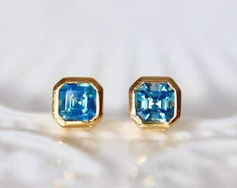 Genuine Teal Blue Sapphire Earrings Teal Blue Sapphire Studs September Birthstone Earrings Natural Sapphire Stud Bezel Studs 14K Yellow Gold