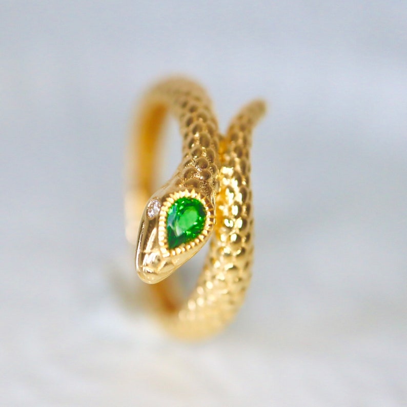 14K gold serpent ring jewelry Vintage-inspired 14K gold snake ring Custom 14K snake ring gold serpent ring with gemstone eyes. Made to Order image 6
