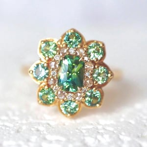 Teal Green Sapphire and Diamond Cluster Ring Antique Halo Style Teal Blue precision cut parti sapphire low profile engagement ring Size 7