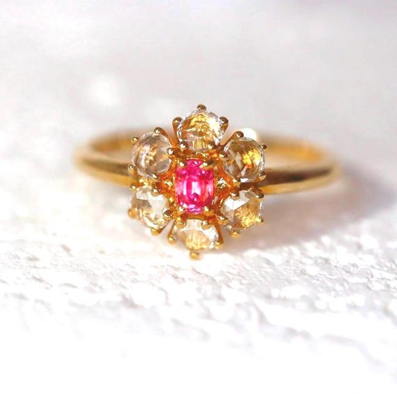 Neon Pink Spinel Halo Ring with Rose-cut Sapphire Pink and yellow gold Engagement Ring Dainty Engagement Ring 14K Yellow Gold US 6.75 RTS
