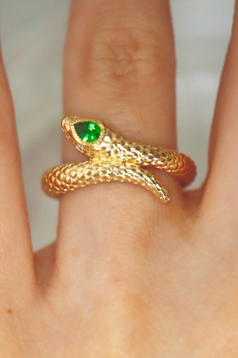 14K gold serpent ring jewelry Vintage-inspired 14K gold snake ring Custom 14K snake ring gold serpent ring with gemstone eyes. Made to Order image 7