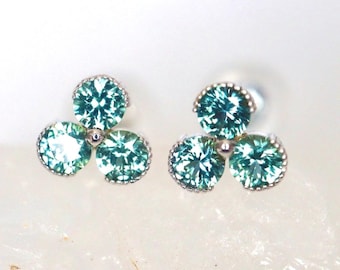 Teal Sapphire Trio Stud Earrings in 14Kt White Gold Green Sapphire Trio Stud Earrings Push Back Earrings Montana Sapphire Ear Trio Studs.
