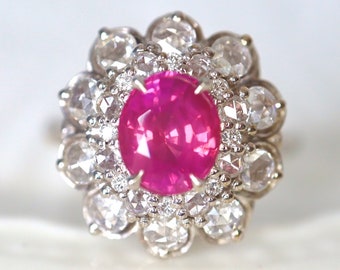 Padparascha Sapphire Ring with Rose Cut Diamond Halo Unheated Orange Pink Sapphire Ring Pad Sapphire Engagement Ring. 18K White Gold US7.RTS