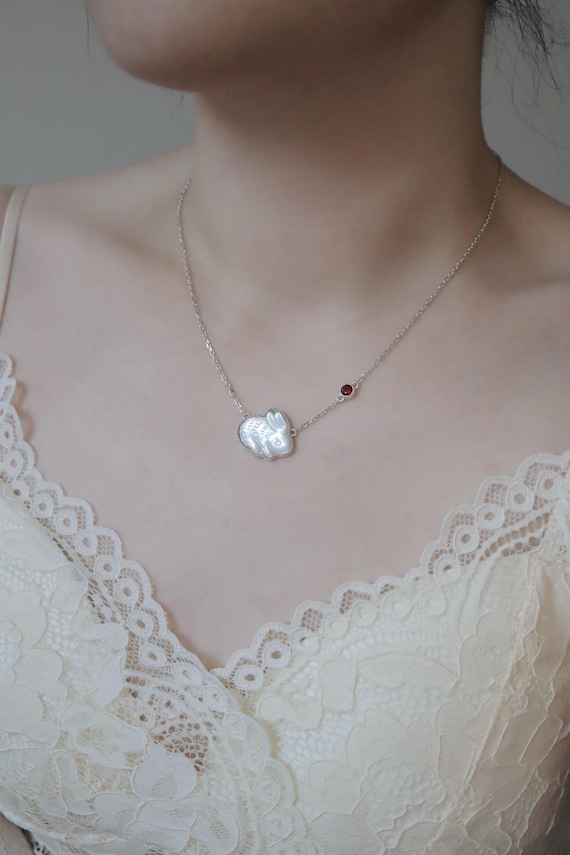Bunny Necklace With Red Garnet Mother of Pearl Necklace Sterling