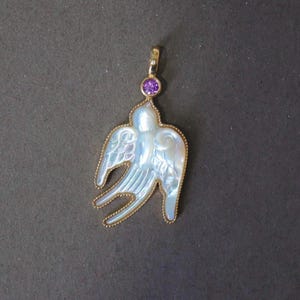 14k Gold Swallow Necklace Mother of Pearl Pendant Charm Solid yellow Bird Charm Pendant Swallow Charm Pendant Jewelry with Purple Sapphire