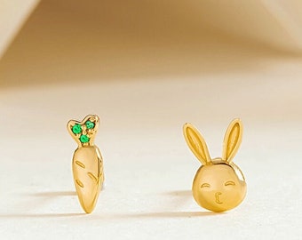 Tiny Bunny and carrot  Earrings Solid gift for her minimal emerald jewelry yellow gold Dainty Studs Earrings . Made to Order