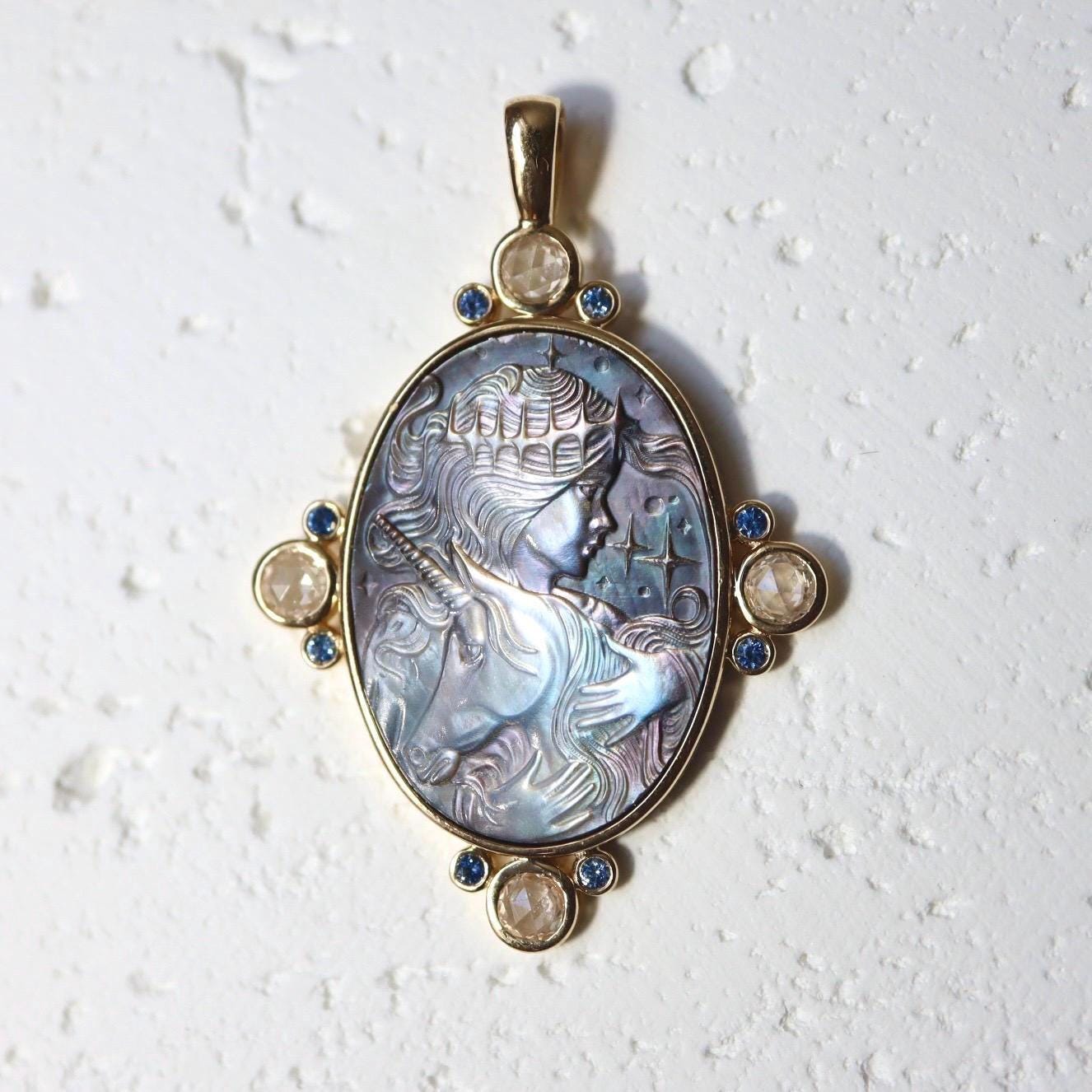 Solid 14K gold Carved Unicorn Godness Cameo Mother of Pearl Pendant Charm Unicorn Charm Pendant Cameo Charm Pendant sapphire